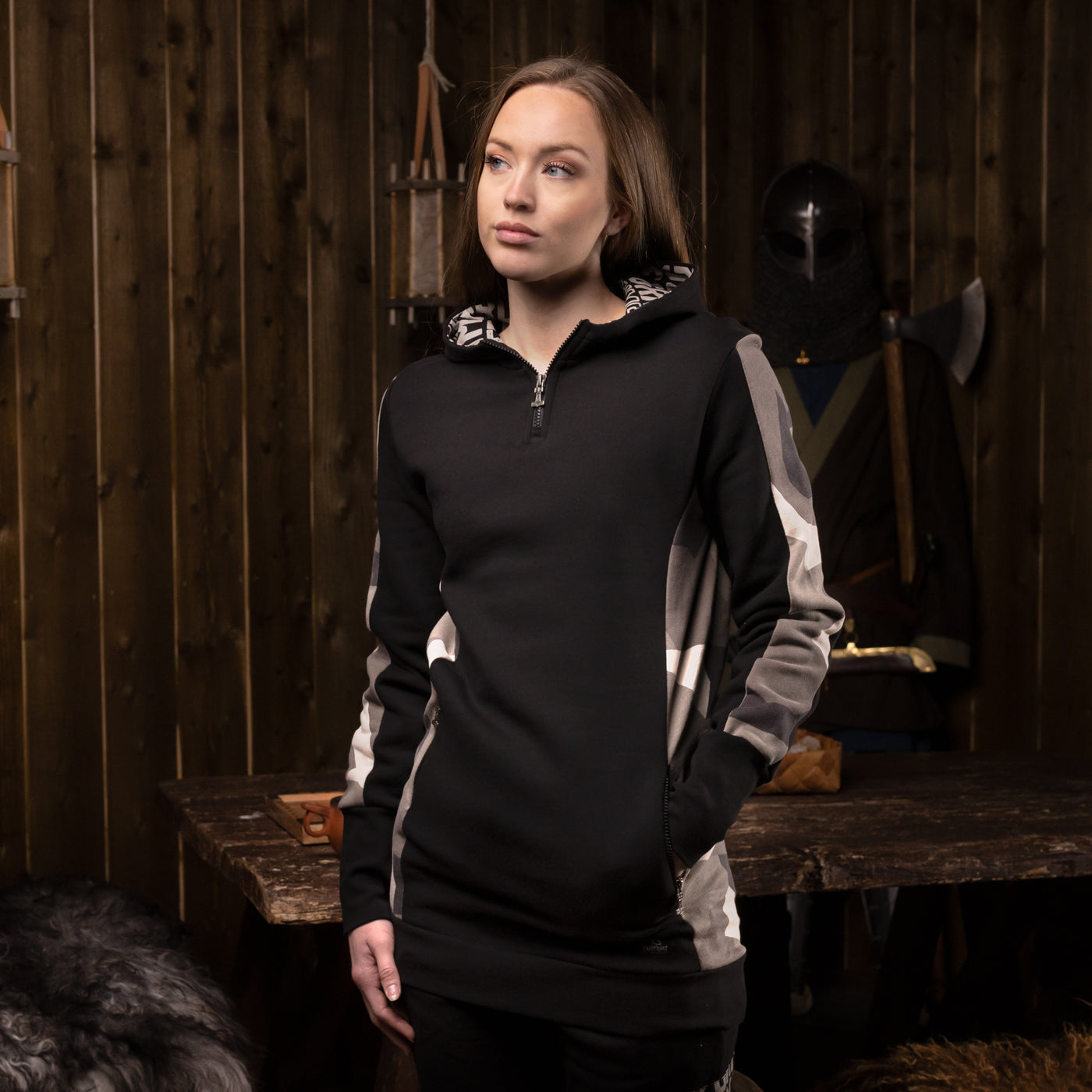 Women's Hoodie Half-Zip, Black and Camo