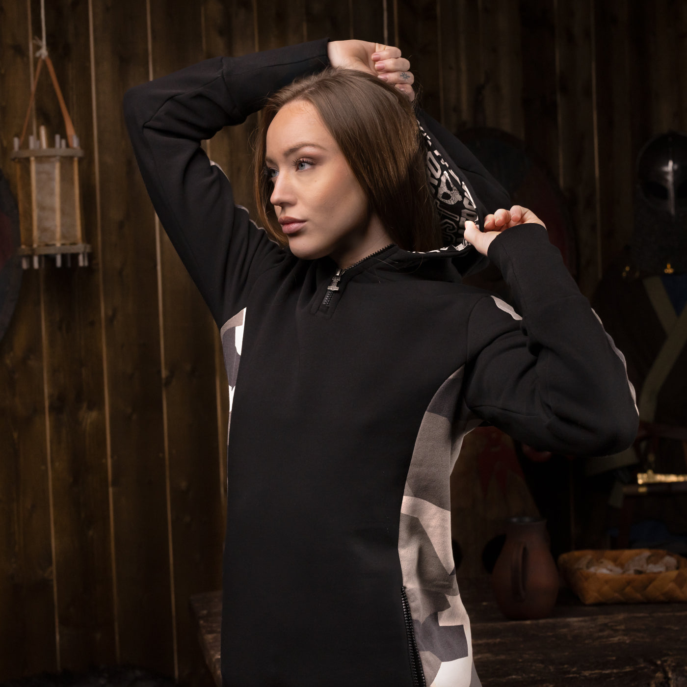 Women's Hoodie Half-Zip, Black and Camo