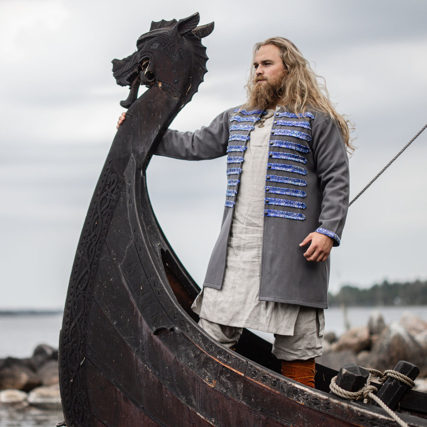 Viking Kaftan, Grey with Blue Silk