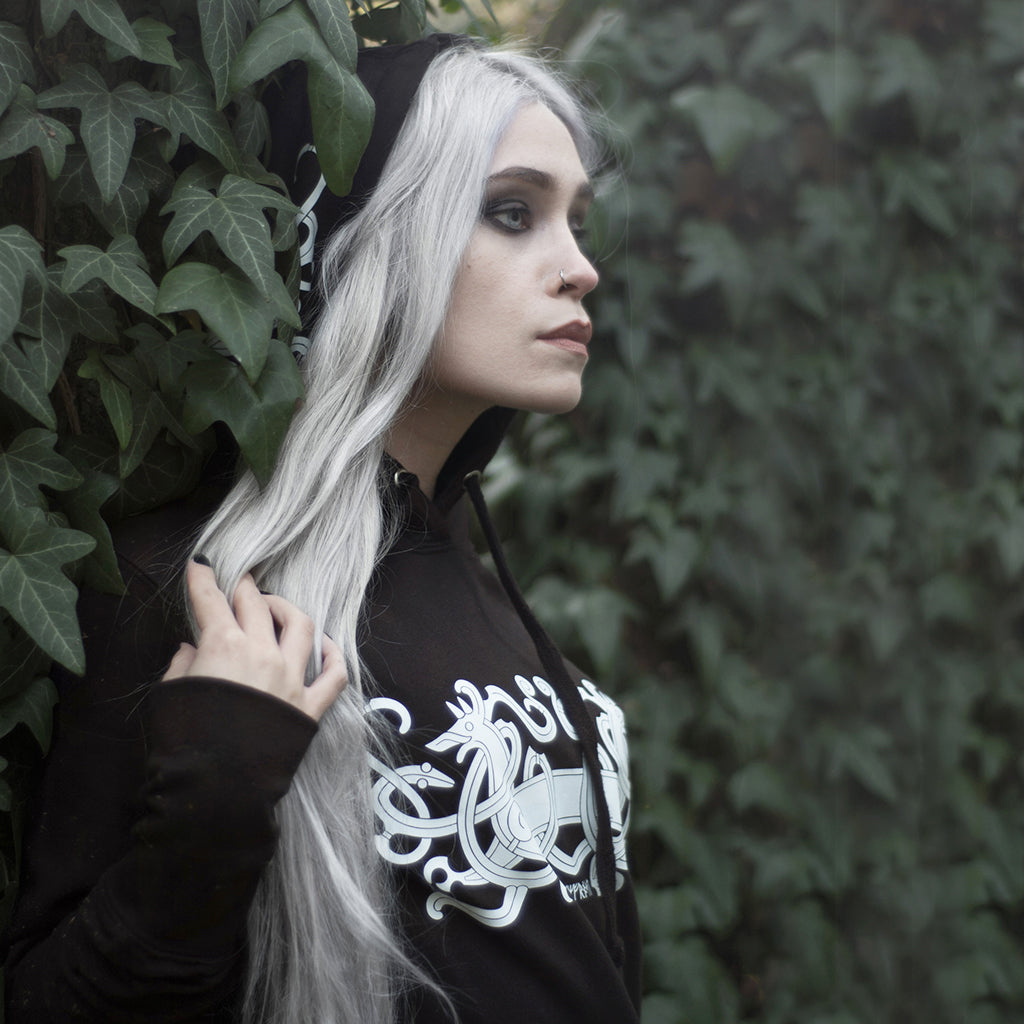 Hoodies - Longline Hoodie, Hjortr, Black - Grimfrost.com